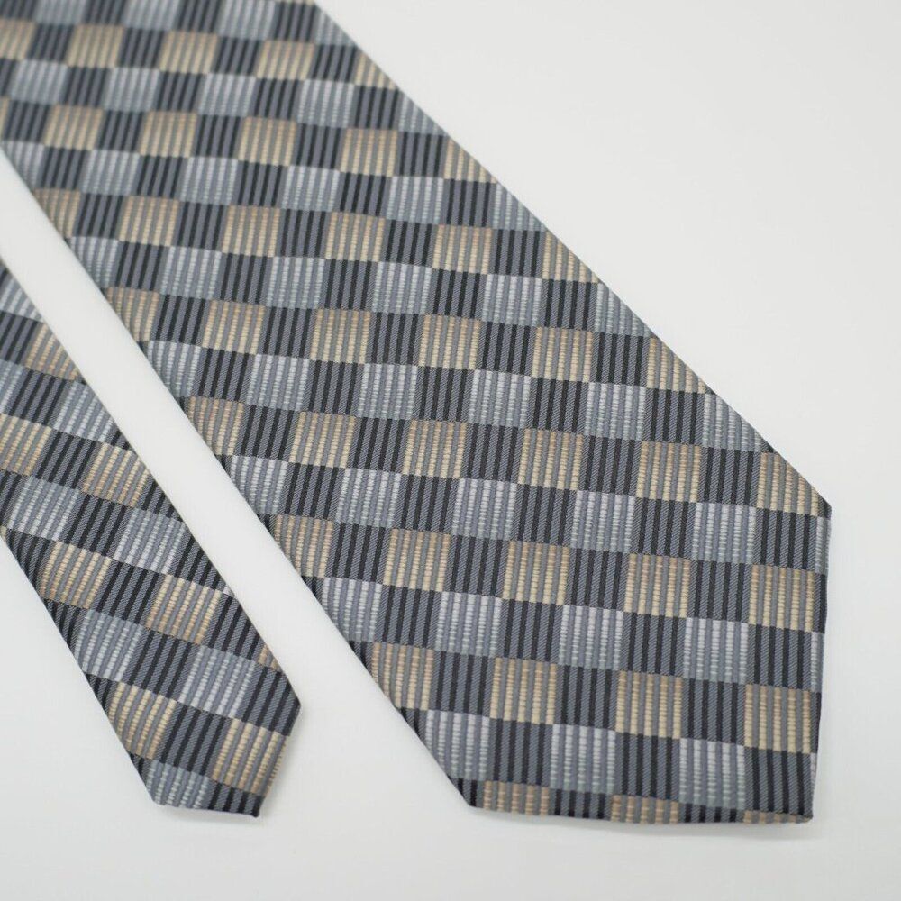 Joseph & Feiss International Gray Tan Plaid Wide Woven Silk‎ Tie